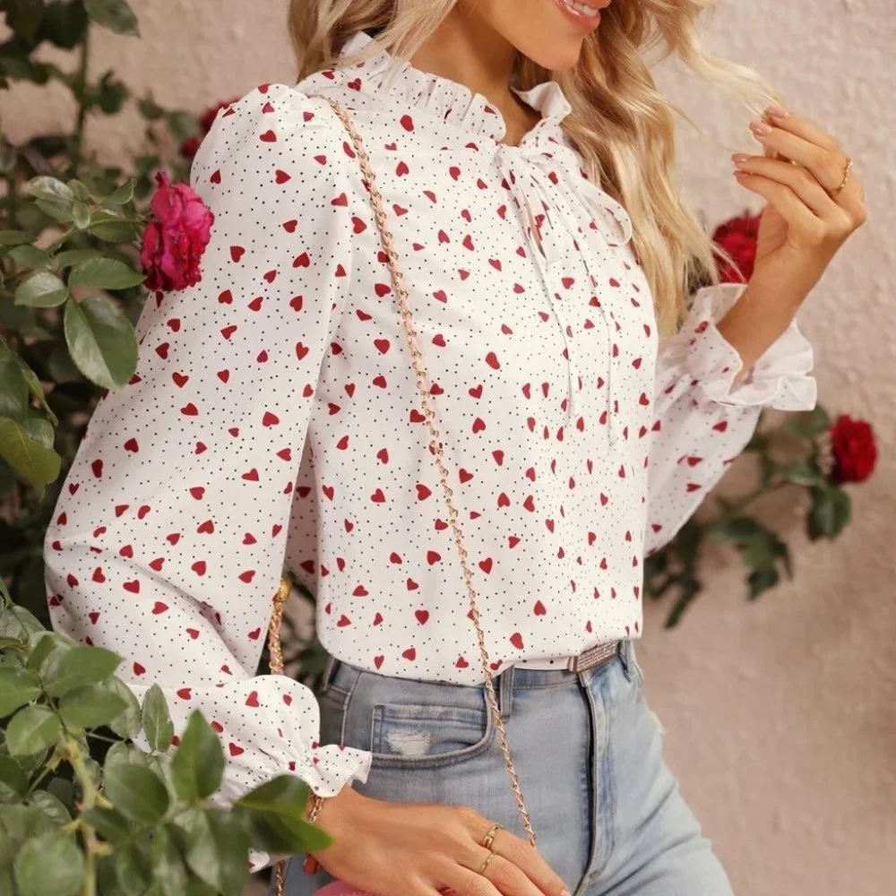 Heart & Polka Dot Frill Trim Tie Neck Flounce Sleeve Blouse - Picture 2 of 5